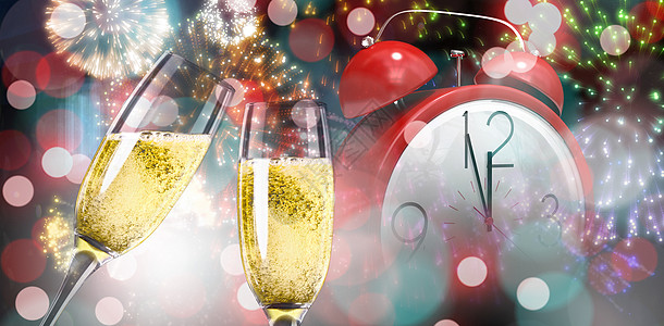 喝香槟香槟杯的复合图像连结在一起警报倒数玻璃绘图庆典气泡焰火活力奢华计算机背景