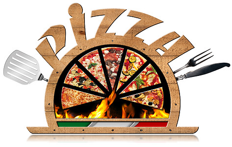 意大利带火焰披萨的 Wooden 标志餐具乡村圆顶圆圈托盘烹饪旗帜服务厨房餐厅图片