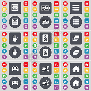 床头柜 充电 列表 手 扬声器 画廊 游戏手柄 滑板车 房屋图标符号 一大套平面彩色按钮 适合您的设计图片