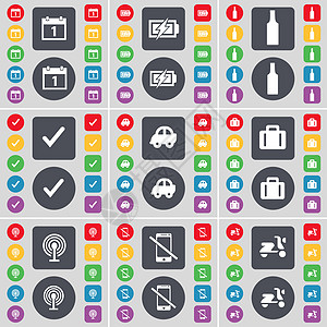 日历 充电 瓶子 滴答声 汽车 手提箱 Wi-Fi 智能手机 滑板车图标符号 一大套平面彩色按钮 适合您的设计图片