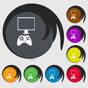 游戏杆和监视器标记图标 视频游戏符号 八个彩色按钮上的符号机顶盒海豹令牌控制器质量插图互联网创造力电脑盒子图片