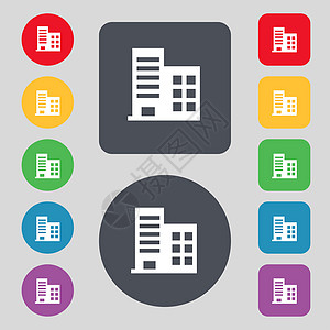 高楼商业建筑和住宅公寓图标标志 一组有12色按钮 设计平坦 (单位 美元)图片