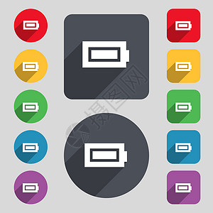 电池完全充电图标符号 一组由12个彩色按钮和长阴影组成 设计平坦插图创造力充值徽章令牌力量活力海豹标签光标图片
