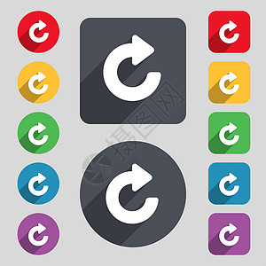 升级 箭头图标符号 由 12 个彩色按钮和长阴影构成的一组 平坦的设计图片