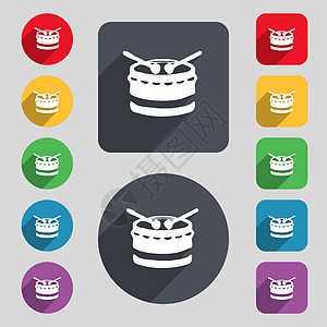 圆桶图标符号 一组由12个彩色按钮和长阴影组成 设计平坦乐器歌曲插图鼓手金属低音鼓男人娱乐圈套铙钹图片