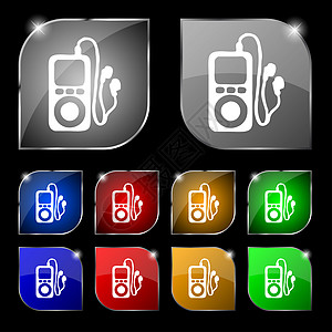 MP3 播放器 耳机 音乐图标标志 套与强光的十个五颜六色的按钮图片