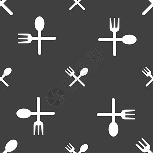叉子和勺子交叉 餐具 食用图标符号 灰色背景上的无缝模式用餐刀具插图徽章横向邮票咖啡店圆形餐厅黑色图片