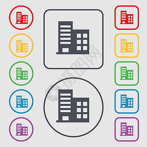 高楼商业建筑和住宅公寓图标符号 圆形上的符号 带框的平方按钮 (单位 千兆赫)图片