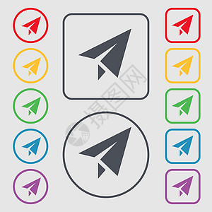纸上飞机图标符号 圆形上的符号和带框架的平方按钮运输发射翅膀天空飞艇玩具航班插图旅行游戏图片