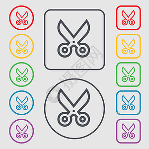 剪刀图标符号 圆形上的符号和带框架的平方按钮图片