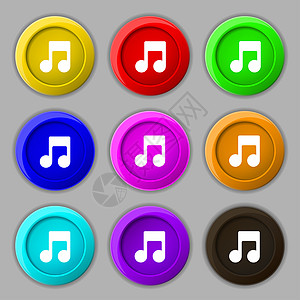 音乐音符图标符号 9圆彩色按钮上的符号徽章质量创造力海豹插图艺术旋律笔记钥匙邮票图片