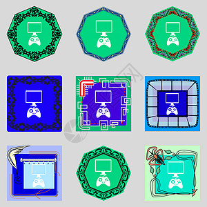 游戏和监视器符号图标 视频游戏符号 设置多彩的按钮标签海豹电脑质量邮票社会圆圈创造力插图机顶盒图片