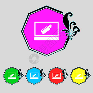 usb 闪存驱动器和监视器符号图标 视频游戏符号 设置彩色按钮竞赛令牌圆圈驾驶质量标签电脑控制器邮票互联网图片