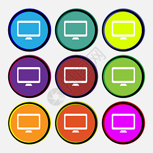 计算机宽屏监视器图标符号 9个多色圆环按钮电脑展示邮票框架网络质量插图电视角落创造力图片