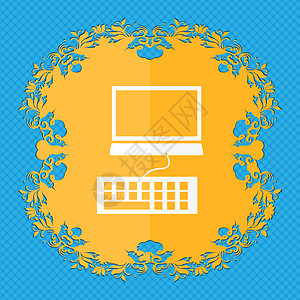 兔斯基桌面图标计算机监视器和键盘图标 Floral 平板设计在蓝色抽象背景上 有文本的位置电脑钥匙按钮笔记本技术外设电子产品办公室桌面控制背景