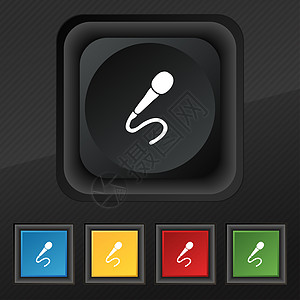 麦克风图标符号 在黑色纹理上设置五个彩色 时髦的按钮 用于设计设计乐队派对电缆古董技术嗓音播送乐器绘画收音机图片
