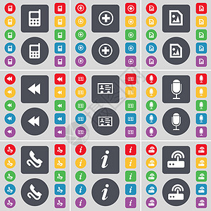 手机 Plus 媒体文件 倒带 联系人 麦克风 接收器 信息 路由器图标符号 一大套平面彩色按钮 适合您的设计图片