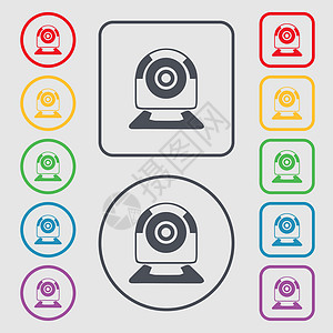 网络摄像头签名图标 网络视频聊天符号 相机聊天 带有框架的圆形和方形按钮上的符号图片