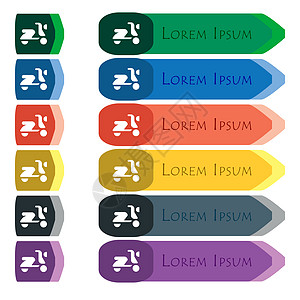 滑板车 自行车图标标志 一组色彩鲜艳 明亮的长按钮 带有额外的小模块 平面设计图片