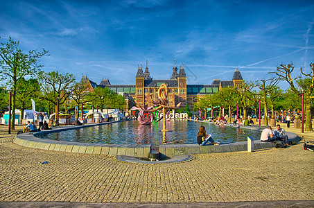 阿姆斯特丹博物馆 用荷兰的阿姆斯特丹口号旅行地标国家游客天空博物馆旅游街道正方形图片