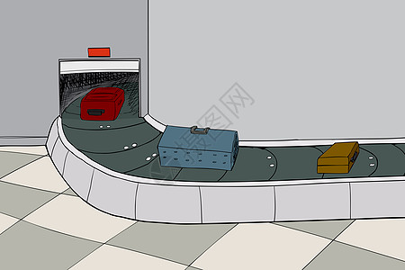 手绘旋转木马B 行李索赔中的各种物品场景手提箱载体狗窝插图红色方格手绘卡通片传送带背景