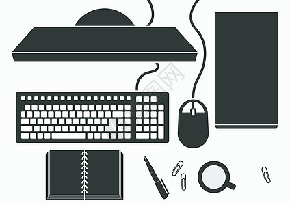 台式电脑 PC 键盘 鼠标 机箱 光驱 显示屏 书本 笔 杯子 回形针 剪影 鸟瞰图 现代风格 电器图片