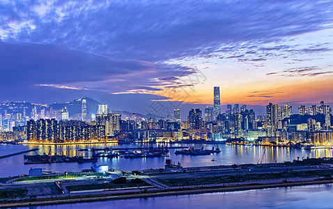 香港市日落日出全景摩天大楼假期旅游爬坡天际旅行港口夜景图片