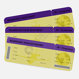 一套航空公司登机证 黄色和紫色机票 白底单接;图片