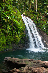 瓜德罗普岛美丽的瀑布石头旅游悬崖蓝色裂缝岩石假期热带植物旅行图片