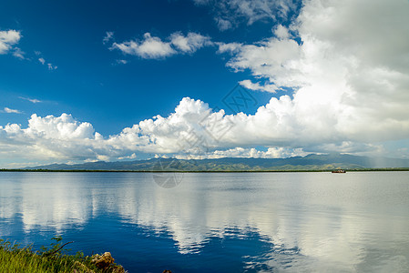 水中湖泊反射的云层日落地平线太阳天空戏剧性全景场景图片