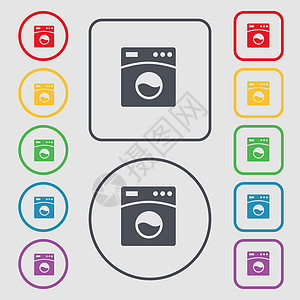 清洗机器图标符号 圆形上的符号和带框架的平方按钮 矢量背景图片