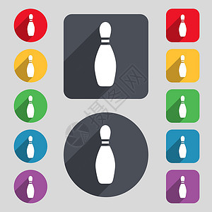 pin 保龄球图标符号 一组由12个彩色按钮和长阴影组成 平面设计 矢量分数高清图片素材