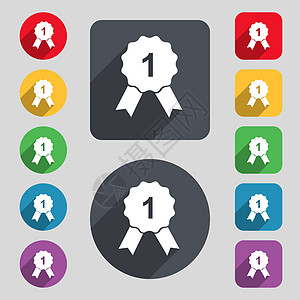奖章图标标志 一组 12 个彩色按钮和一个长长的阴影 平面设计 韦克托运动丝带金属优胜者牌匾报酬领导冠军胜利竞赛图片