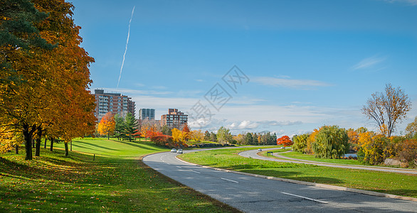 渥太华河旁的渥太华公园大道 公园大道沿线的公寓楼和公寓全景 阳光明媚道路蓝色城市绿色植物车道公园树木赛跑者建筑学虚线背景图片