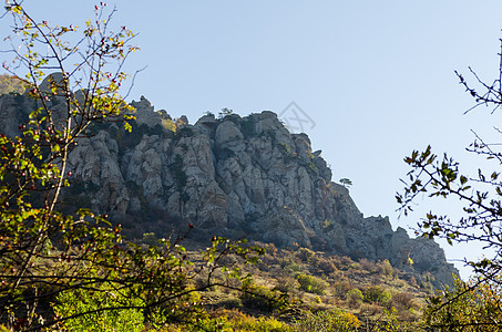 从Demerdji到Alushta山谷的景色 克里米亚爬坡蓝色场景天空旅行地形高地地质学土地岩石图片