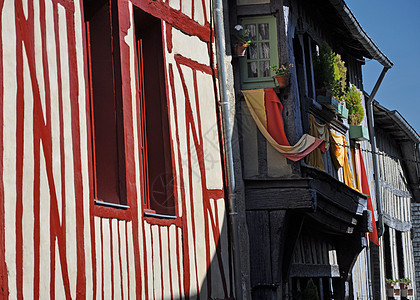迪南的中世纪林木建筑雕刻花朵海岸木头窗户红色石头开窗盒蓝色街道图片