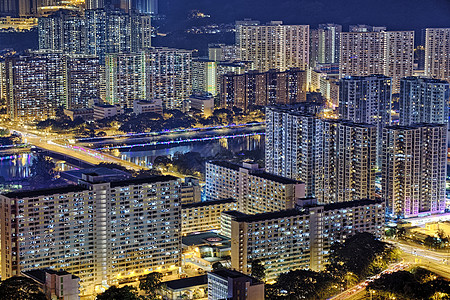 深夜香港沙锡街道住房摩天大楼领土风景天际市中心住宅场景民众背景图片