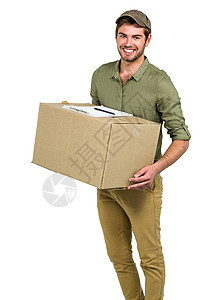 拿着包的英俊邮差棕色服务微笑邮政盒子男性快乐幸福职业纸板图片