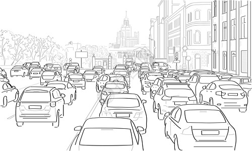 汽车交通堵塞天际商业中心建筑街道场景路口绘画房子城市图片