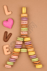 马卡龙斯艾菲尔铁塔 法国甜美多彩的爱生活明信片咖啡巧克力甜点婚礼生日饼干黄色背景图片