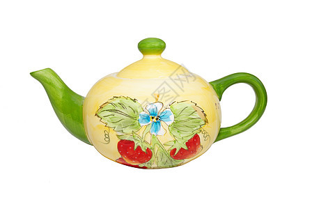 白色孤立的彩色瓷器茶壶工艺时间饮料古董曲线纪念品陶瓷早餐陶器文化图片