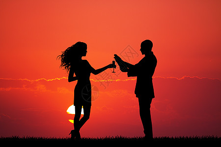 日落时一对面包女士女孩恋人插图庆典瓶子眼镜男人倒数新年背景图片