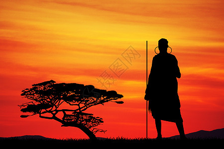 非洲地貌中的马赛人插图旅行荒野黑色日落部落阳光文化图片
