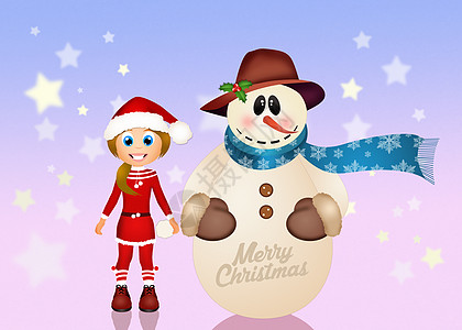 小女孩做雪人 在圣诞节圣诞背景图片