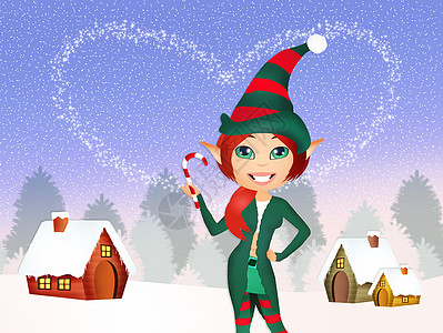 圣诞精灵庆典插图女孩礼物卡通片明信片绿色雪人新年森林背景图片