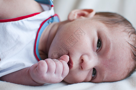 小宝宝吃他的拳头白色婴儿男生孩子女孩头发童年蓝色手指新生图片