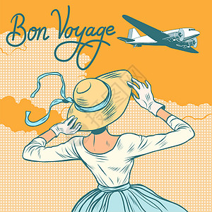 女孩客机一路顺风员工复古乘客飞机场经理成功行李金融旅游背景图片
