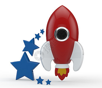 3D 铸成一枚红色 有火焰的象征性火箭飞行翅膀宇航员蓝色车辆行星星际窗户星星飞船图片