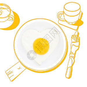 美味的早餐啤酒插图心形盘子阳面食物蛋黄美食平底锅玻璃图片