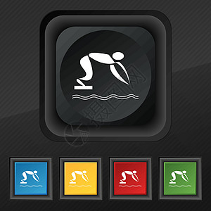 夏季运动 潜水图标符号 在黑色纹理上为设计设置5个彩色 时髦的扣子 矢量图片